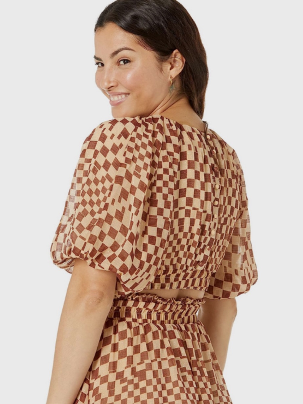 Moon River Plaid Puff Sleeve Back Cutout Mini Dress